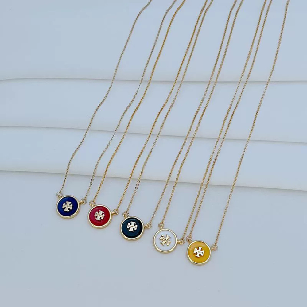 Tory Burch Gold Plated Double Enamel Letter Logo Pendant Necklace